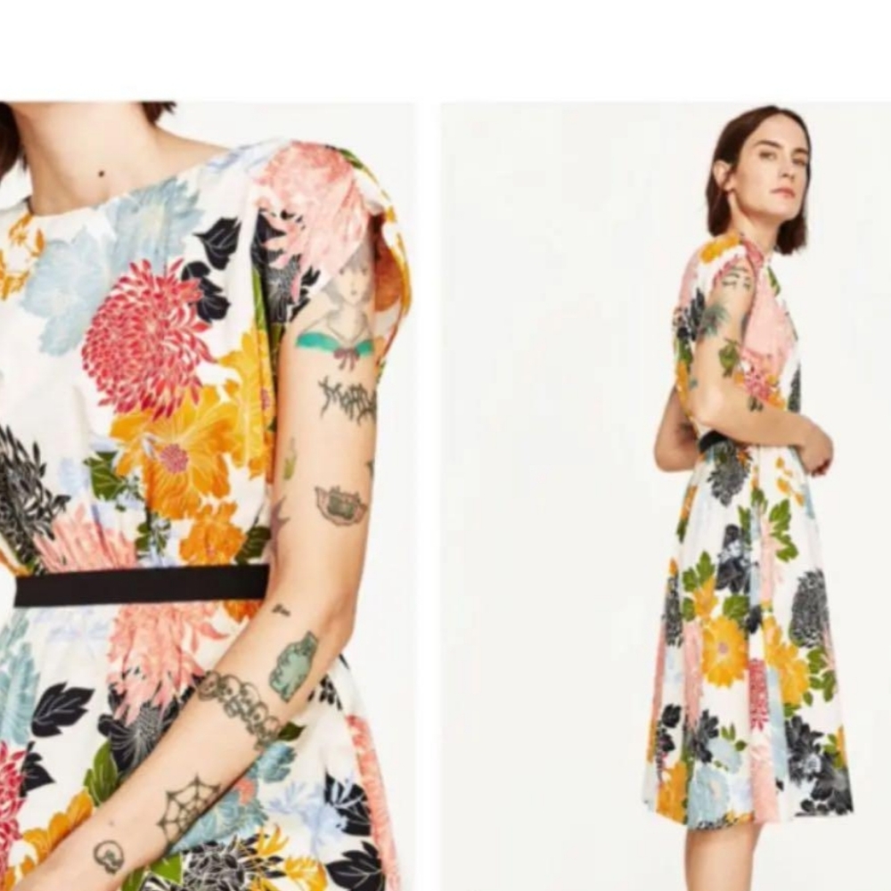 Zara Basic Collection Floral Print Elastic Waist Cap Sleeve Midi Dress Size XS - Picture 2 of 11